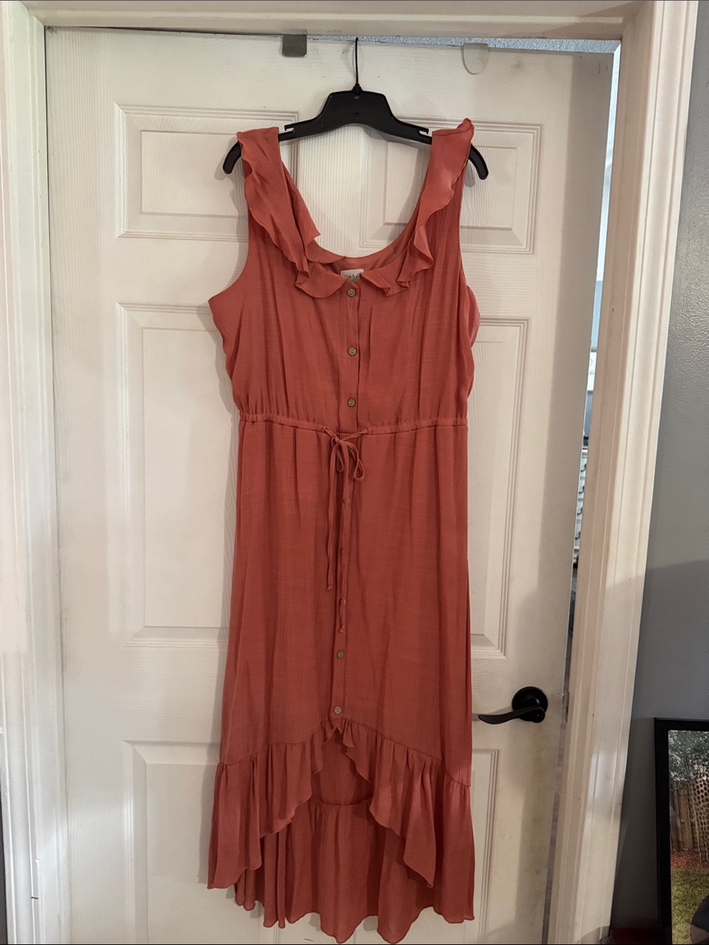 Sleeveless Ruffle-Trim High-Low Dress in Rust